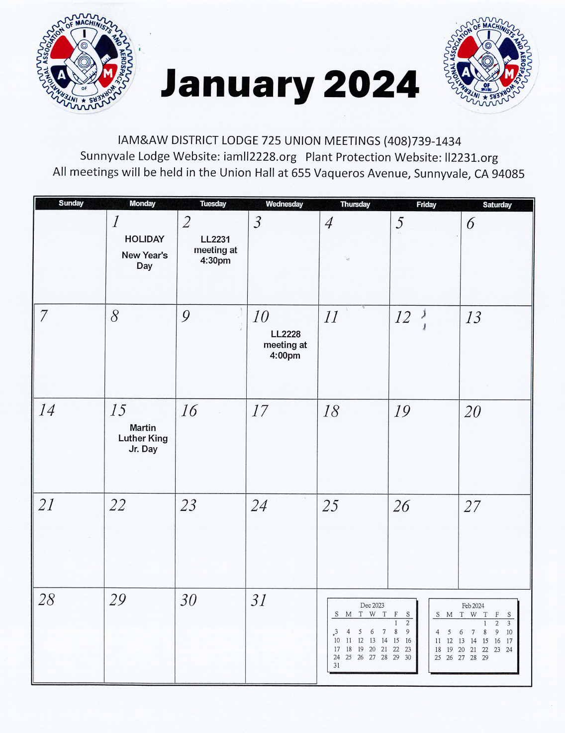 Calendar – IAM Local Lodge 2228